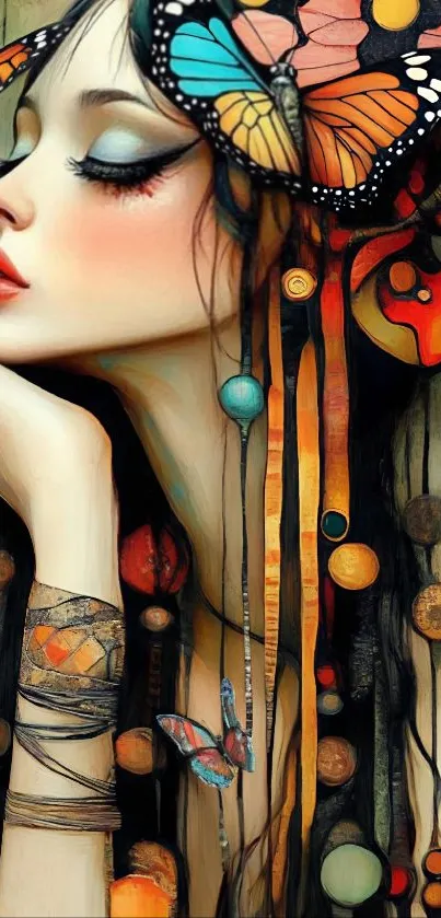Dreamlike artistic portrait with butterflies and vibrant patterns.