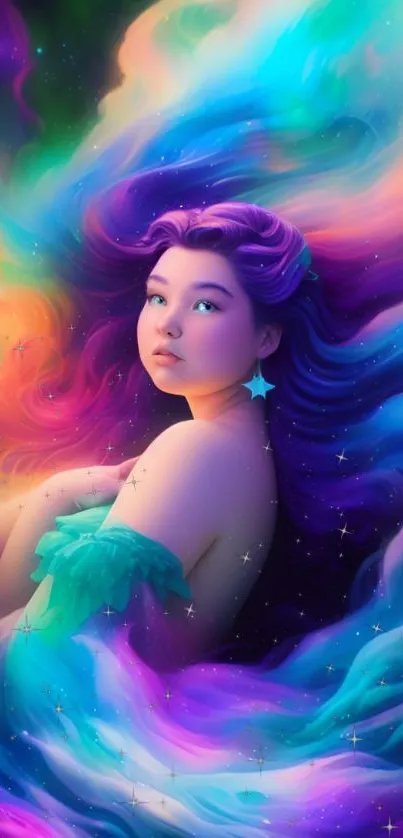 Vibrant dreamscape art with colorful swirls and a young woman.