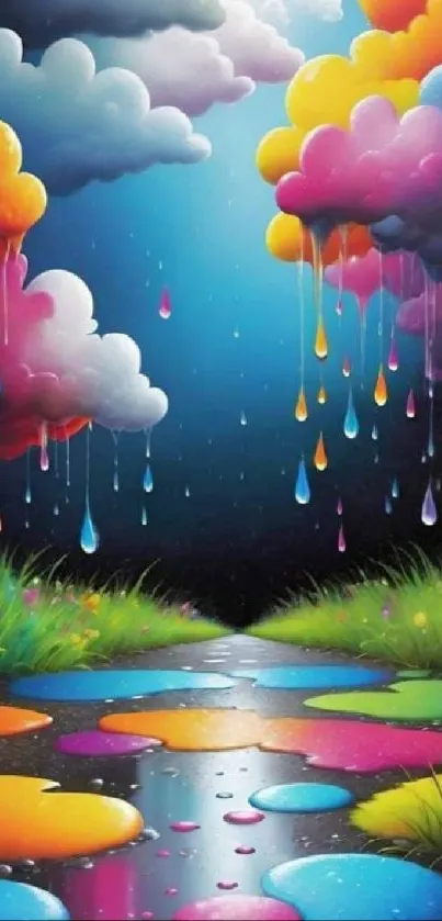 Colorful clouds and landscape with raindrops in a vibrant fantasy mobile wallpaper.