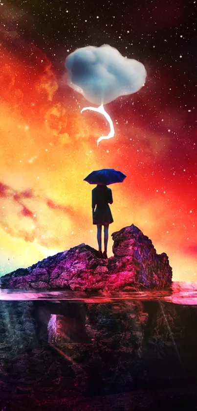 Vivid dreamscape with figure under cloud and starry sky, set in vibrant colors.