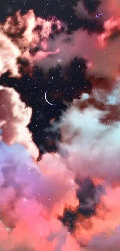 Colorful clouds in a dreamy night sky with crescent moon.