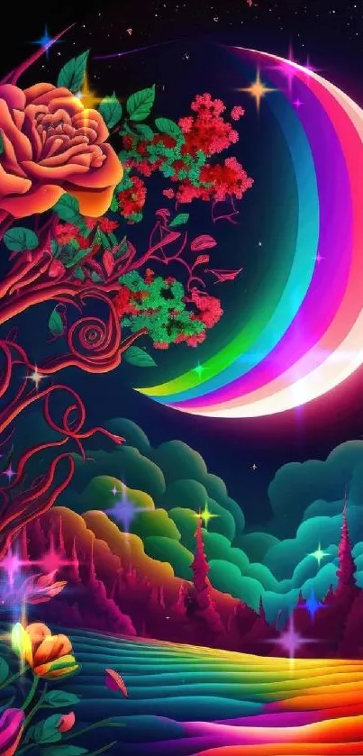 Colorful abstract wallpaper with moon and vibrant landscape.