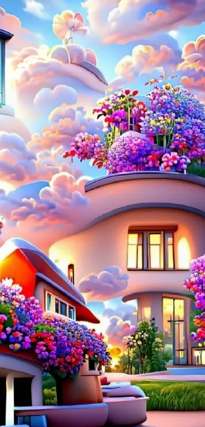 Colorful dream house with vibrant flowers and whimsical clouds.