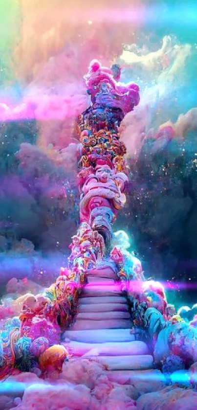 Vibrant, surreal staircase in colorful clouds wallpaper.