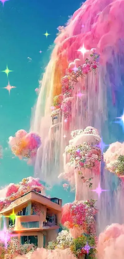 Dreamy pink waterfall scene with flowers.