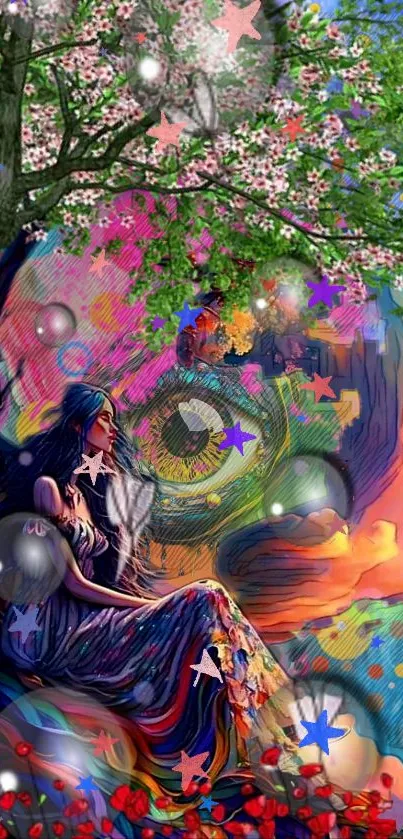 Colorful fantasy wallpaper with a mystical woman and vibrant tree.