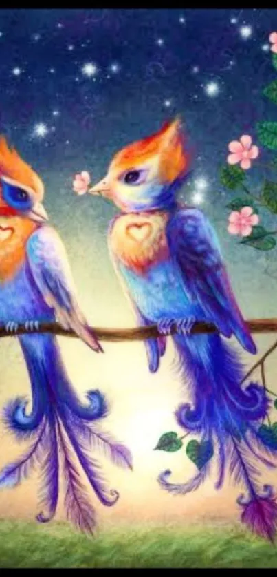 Colorful birds on branch with flowers, stars in background.