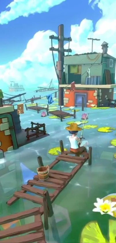 Whimsical cartoon landscape with vibrant colors and a fisherman by the water.