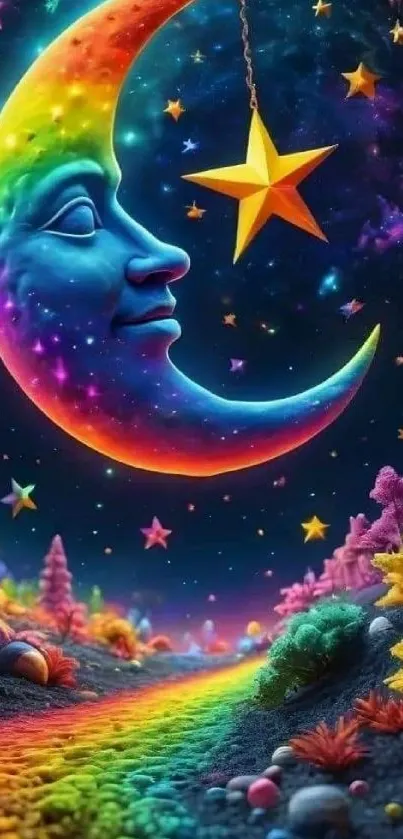 Vibrant crescent moon and rainbow path in a starry night.