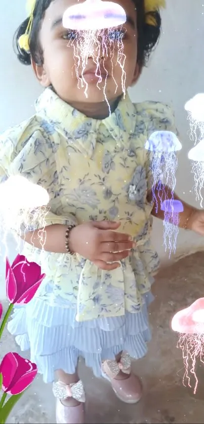 Child in a colorful outfit with whimsical jellyfish and flowers.