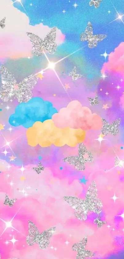 Dreamy pastel clouds and butterflies wallpaper with a starry sky.