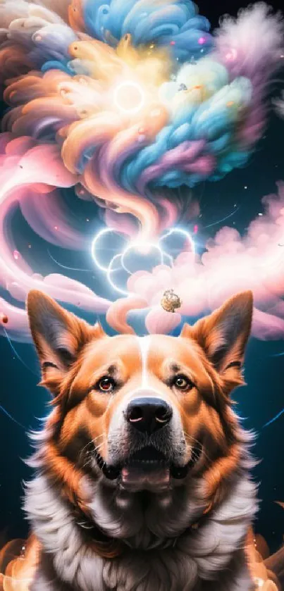 A dog with colorful, swirling cloud art on a midnight blue background.