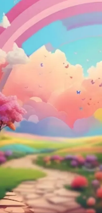 Dreamy landscape wallpaper with rainbow and colorful pastel flowers.