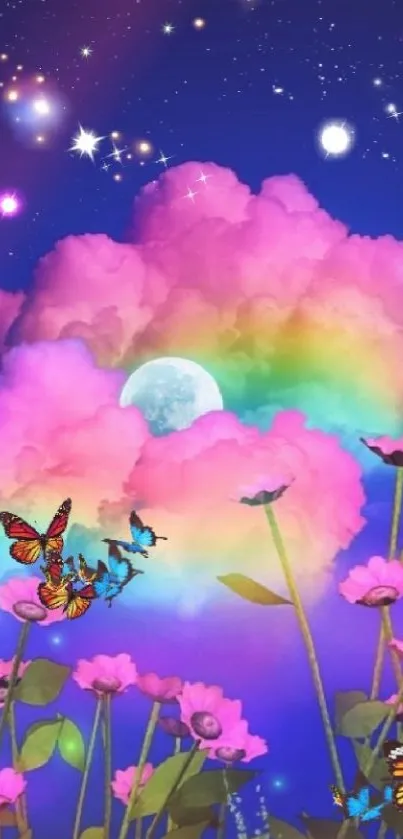 Vibrant wallpaper with pink clouds, butterflies, and flowers under a starry sky.