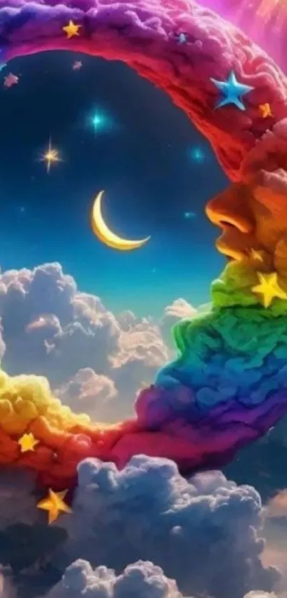Rainbow crescent in starry night sky wallpaper.