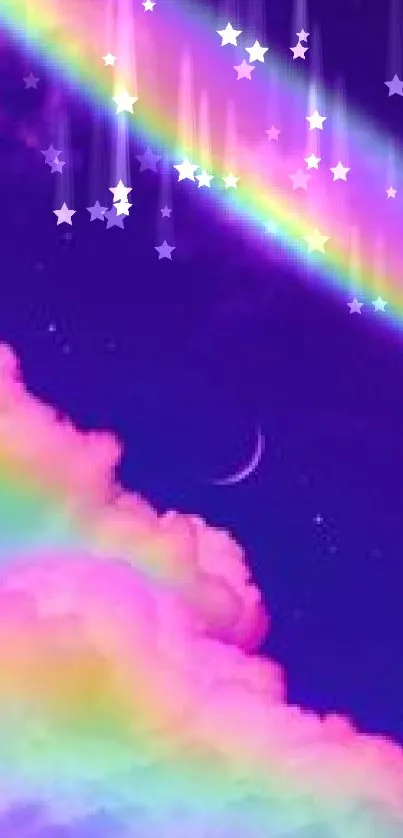 Dreamy night sky with rainbow clouds and crescent moon.