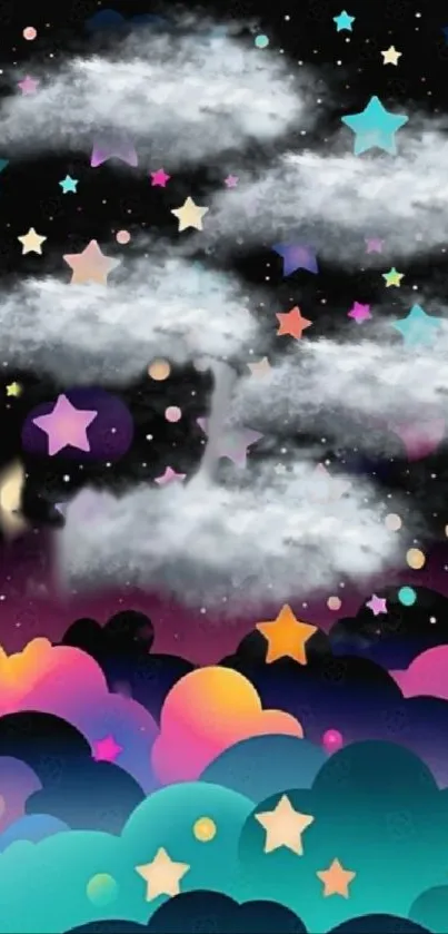 Colorful stars and cloudy night sky wallpaper.