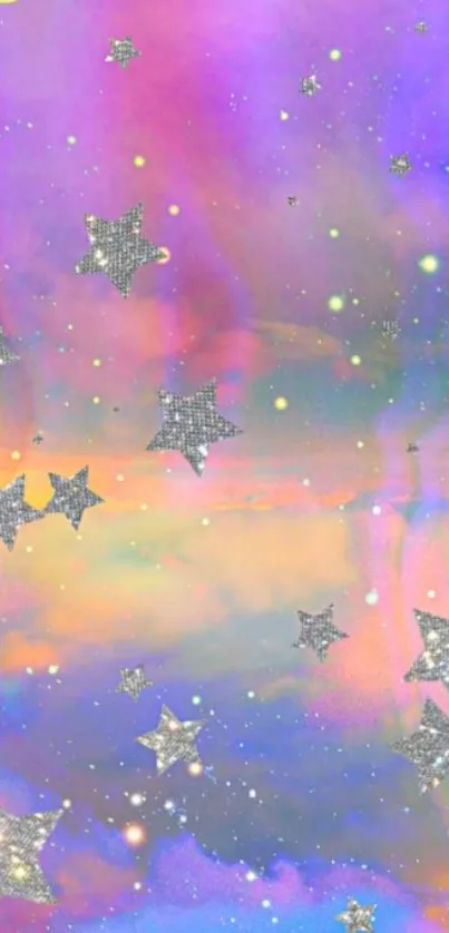 Dreamy galaxy wallpaper with colorful sky and silver stars.