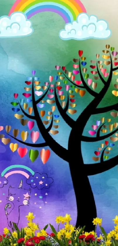 Whimsical wallpaper with a colorful tree and rainbow.