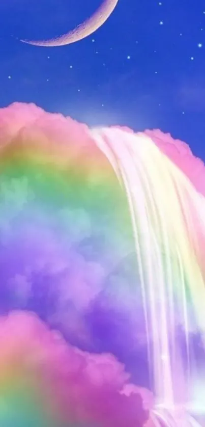 Dreamy rainbow waterfall with night sky and crescent moon.