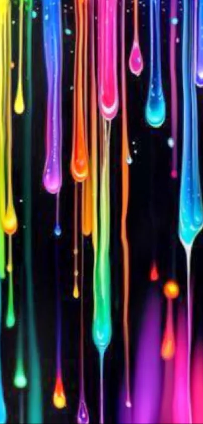 Vibrant drips of colorful paint on black background.