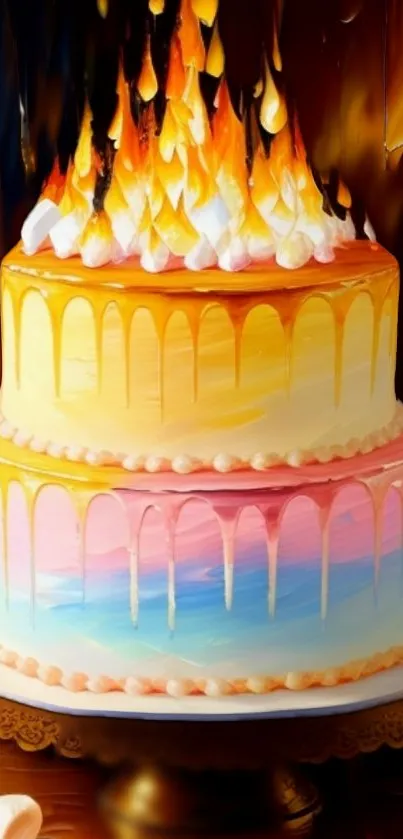 Artistic drip cake with vibrant flames in a colorful style.