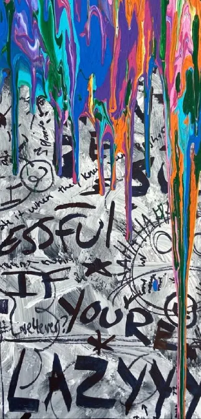 Colorful graffiti art with vibrant drips and bold lettering on wallpaper.