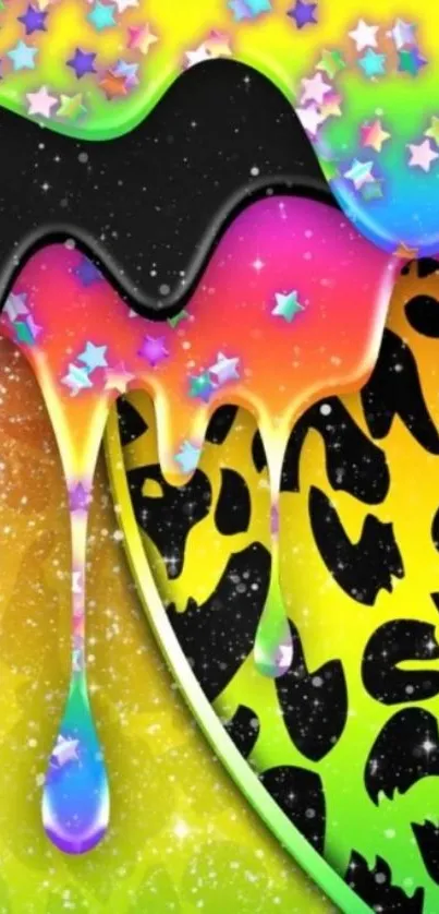 Vibrant rainbow drip leopard mobile wallpaper with star accents.