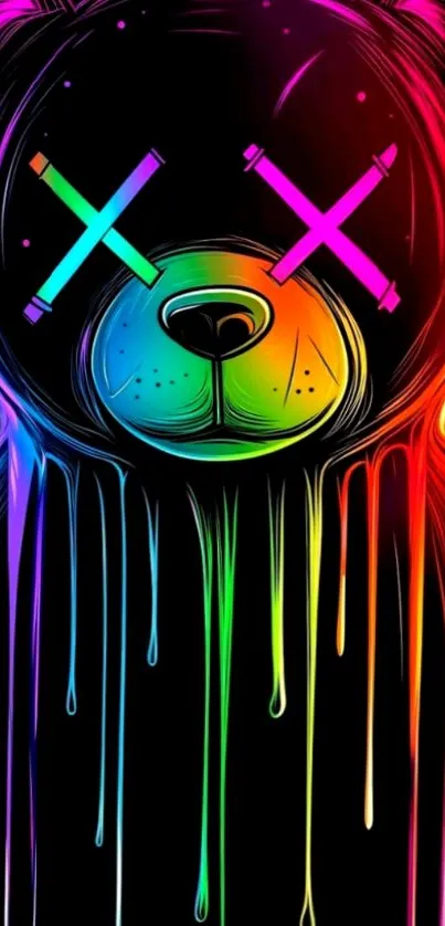 Colorful neon dripping bear art on a black background phone wallpaper.