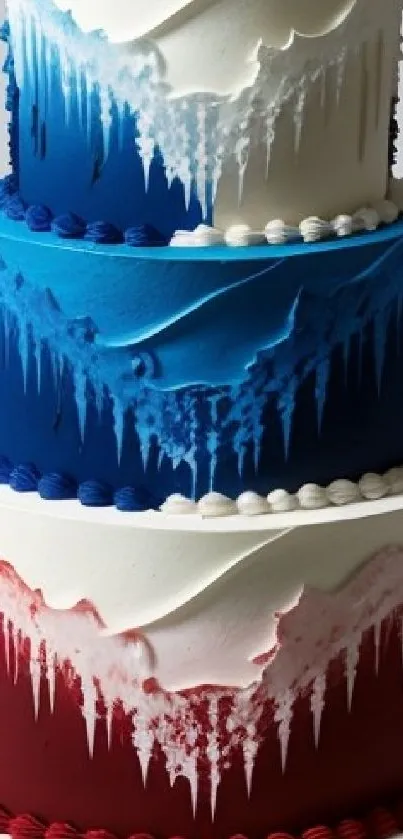 Three-tier cake with colorful drips on white.