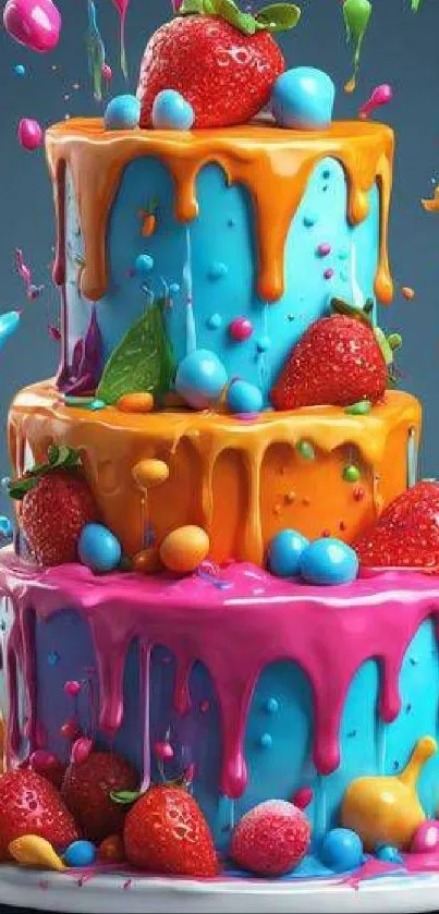 Colorful three-tier cake with dripping icing and strawberries.