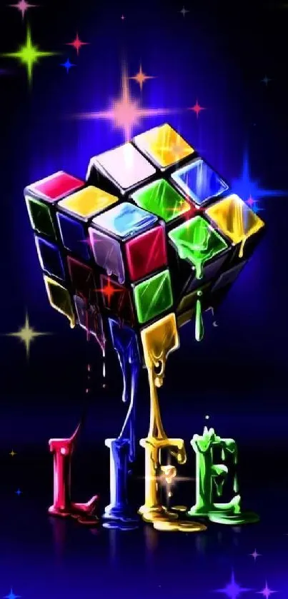 Colorful dripping cube art on dark background wallpaper.