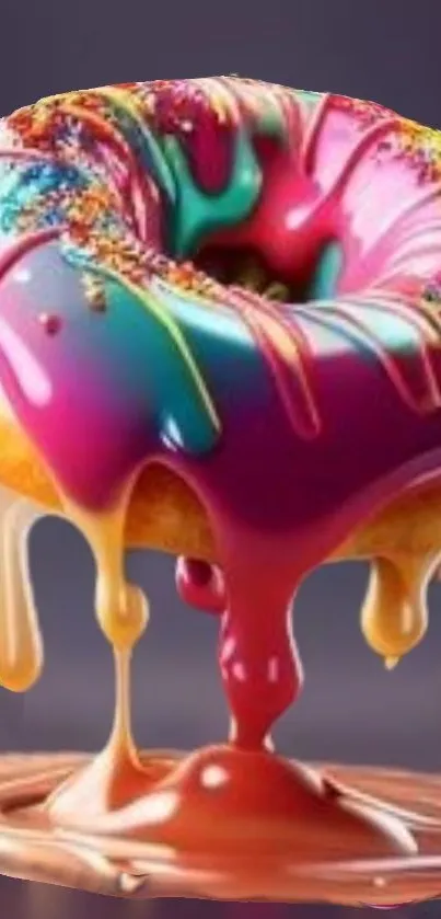 Colorful donut with dripping icing and sprinkles.