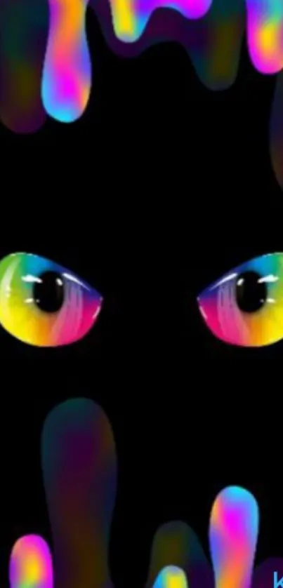 Rainbow dripping eyes on black wallpaper.