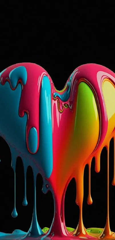 A colorful dripping heart wallpaper on black background.