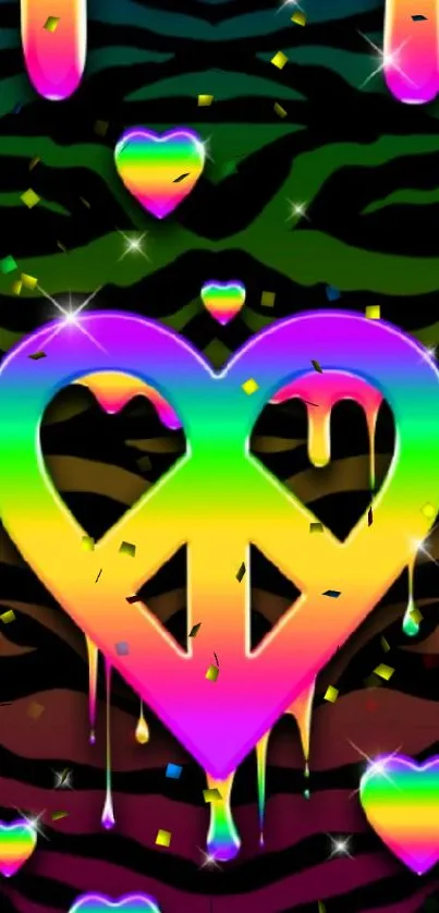 Colorful peace symbol with dripping hearts on a vibrant background.