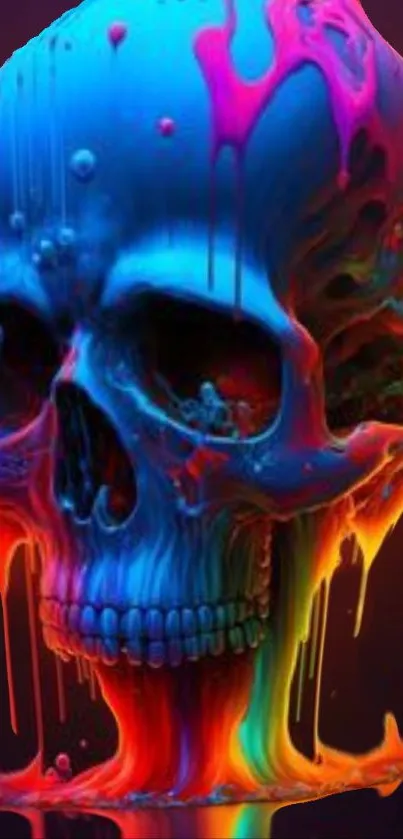 Vibrant skull with colorful, dripping paint effect on a mobile wallpaper.