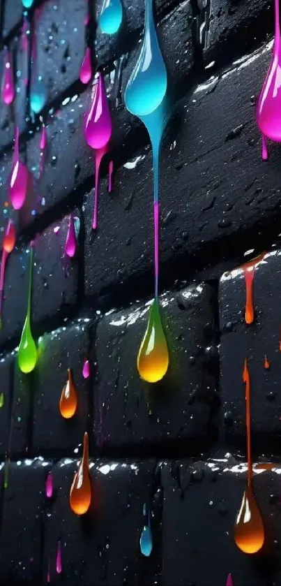 Vibrant colorful liquid drips on dark bricks