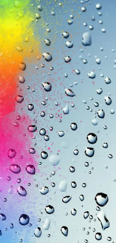 Vibrant phone wallpaper with colorful water droplets on a light blue background.