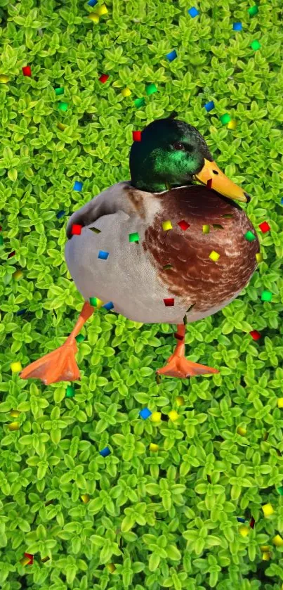 Colorful duck standing on vibrant green grass with confetti.