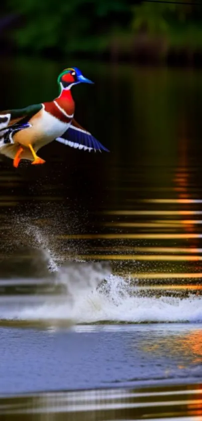 Colorful duck soaring over a serene, reflective lake in nature.