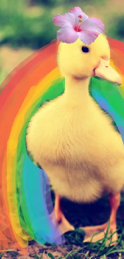 Cute yellow duck with flower and rainbow backdrop.