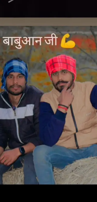 Two friends outdoors with colorful hats and a vibrant background.