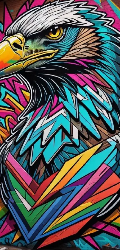 Street art mural of a colorful geometric eagle with vibrant design elements.