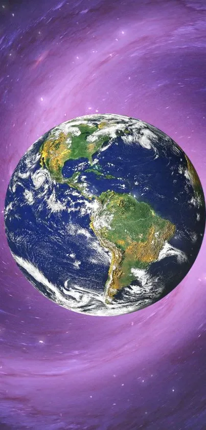 Vibrant Earth against a cosmic purple background.