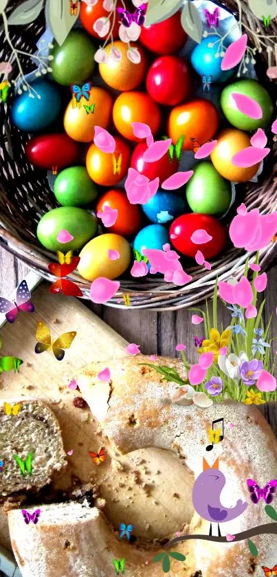 Colorful Easter eggs in basket with floral design.