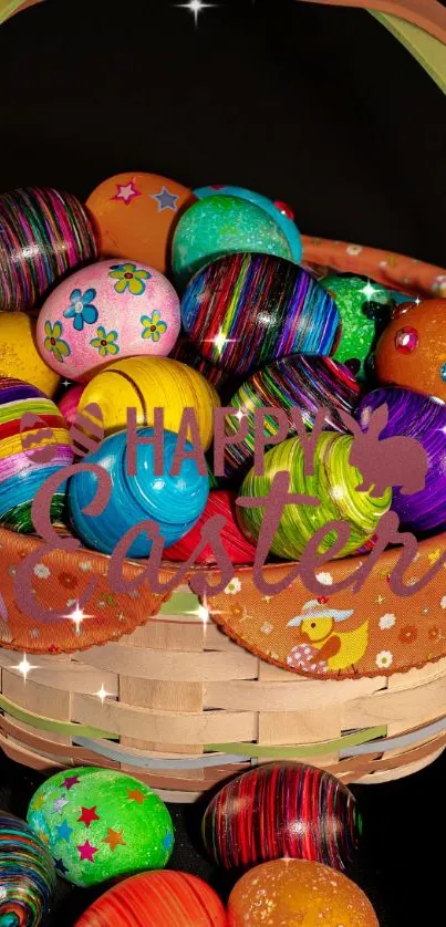 Vibrant Easter basket with colorful eggs.