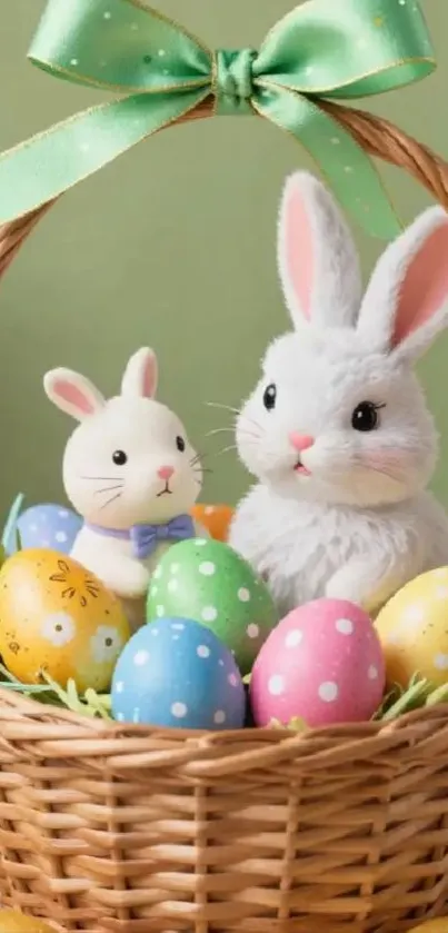 Easter basket with bunnies and colorful painted eggs.