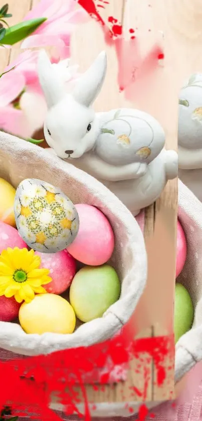 Easter bunny with colorful eggs and flowers in a basket.