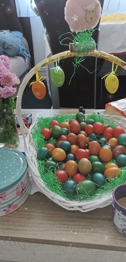 Basket of colorful Easter eggs on table.